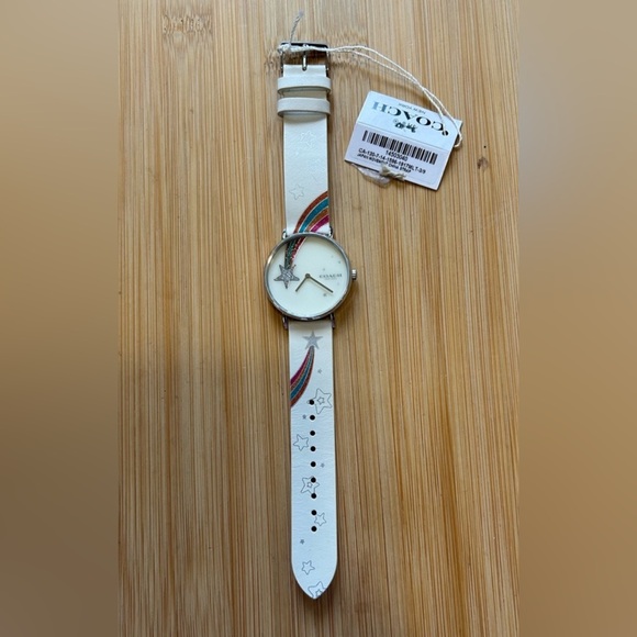 COACH PERRY WATCH WITH 36MM WHITE RAINBOW STARS FACE & WHITE LEATHER BAND - Picture 4 of 5